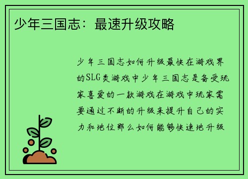 少年三国志：最速升级攻略